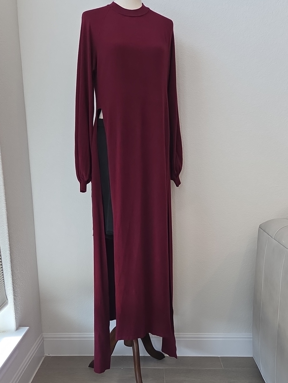 Fashion Nova Long Sleeve Burgundy Red Maxi Dress High Slit M Bishop Sleeve